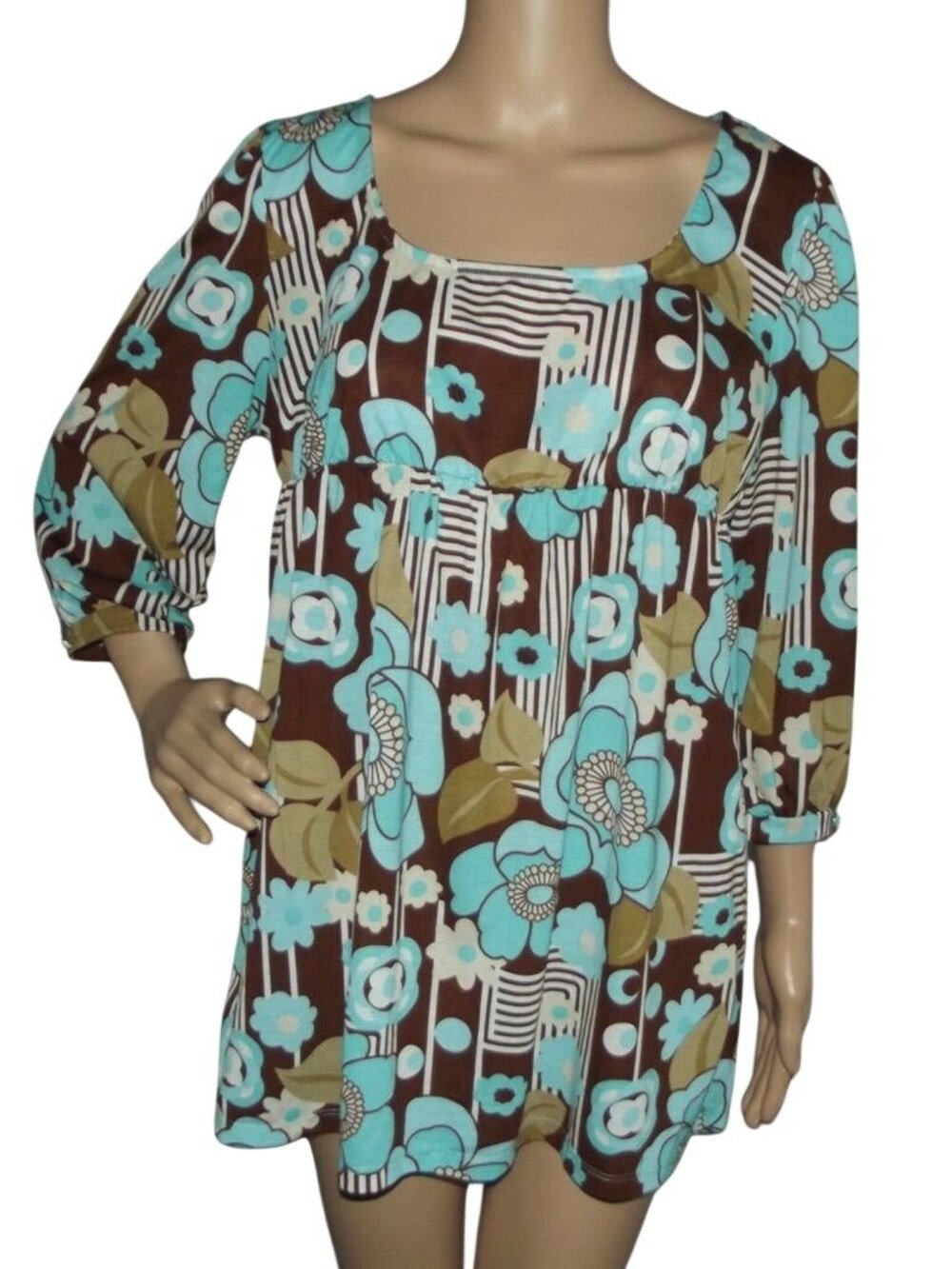 No Boundaries Blouse Womens Jr XL 15-17 retro brown blue white floral Y2K